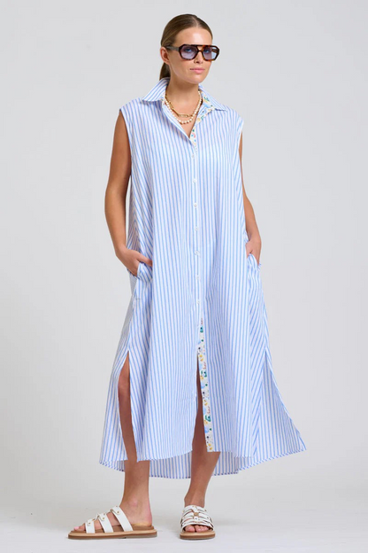 Shirty Sloane Oversized Sleeveless Shirt Dress - White with Blue Stripe Floral Trim