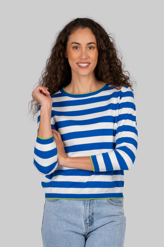 Kaleido Cotton/Cashmere Thin Sripe Crew Neck Sweater - Azure Blue/White