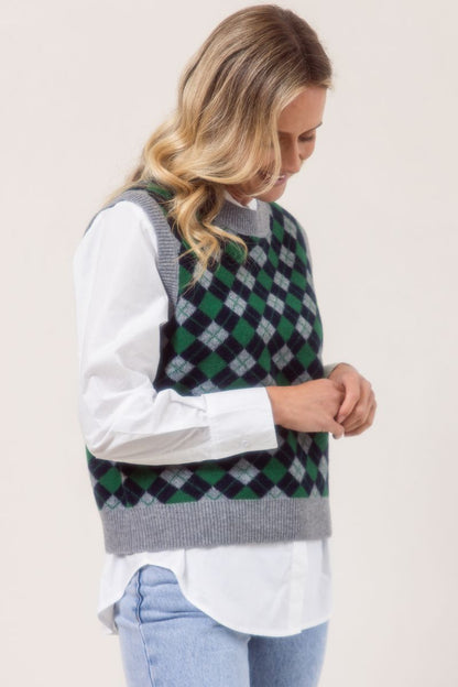 See Saw 100% Merino Wool Argyle Vest Silver Navy Green