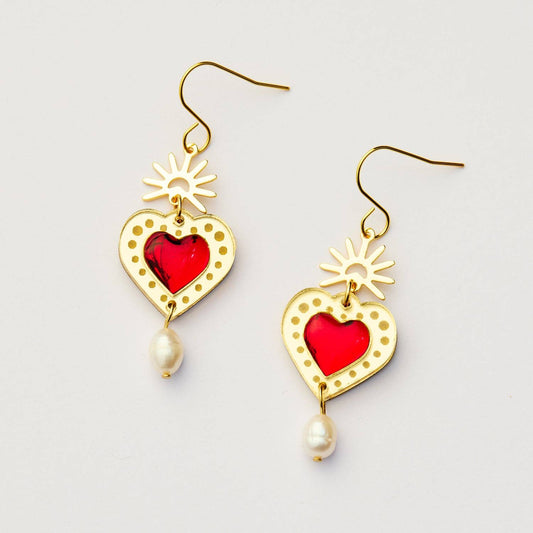 Martha Jean Sacred Heart Earrings - Gold / Red