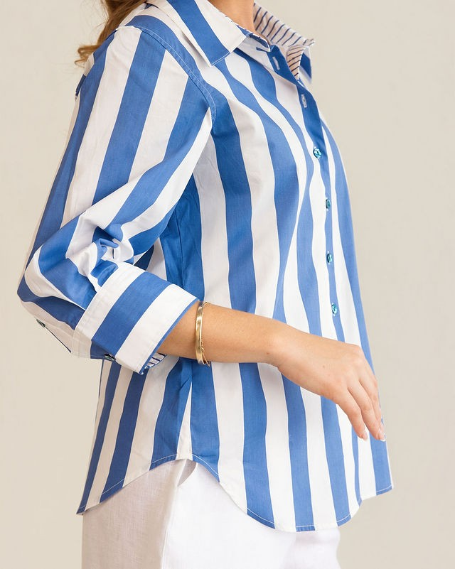 Kaleido 100% Cotton 3/4 Sleeve Classic Shirt - Blue Block Stripe