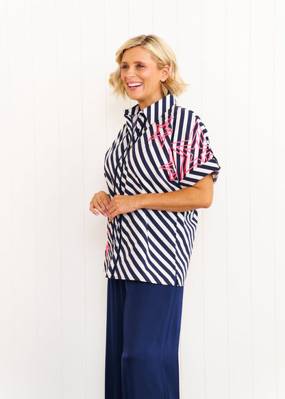 Liv and Milly Rosie Shirt Navy and White Stripe Pink Neon Star