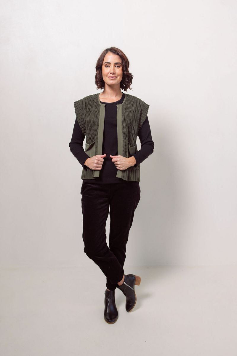 See Saw Cotton Blend Woven Trim Knit Vest Khaki
