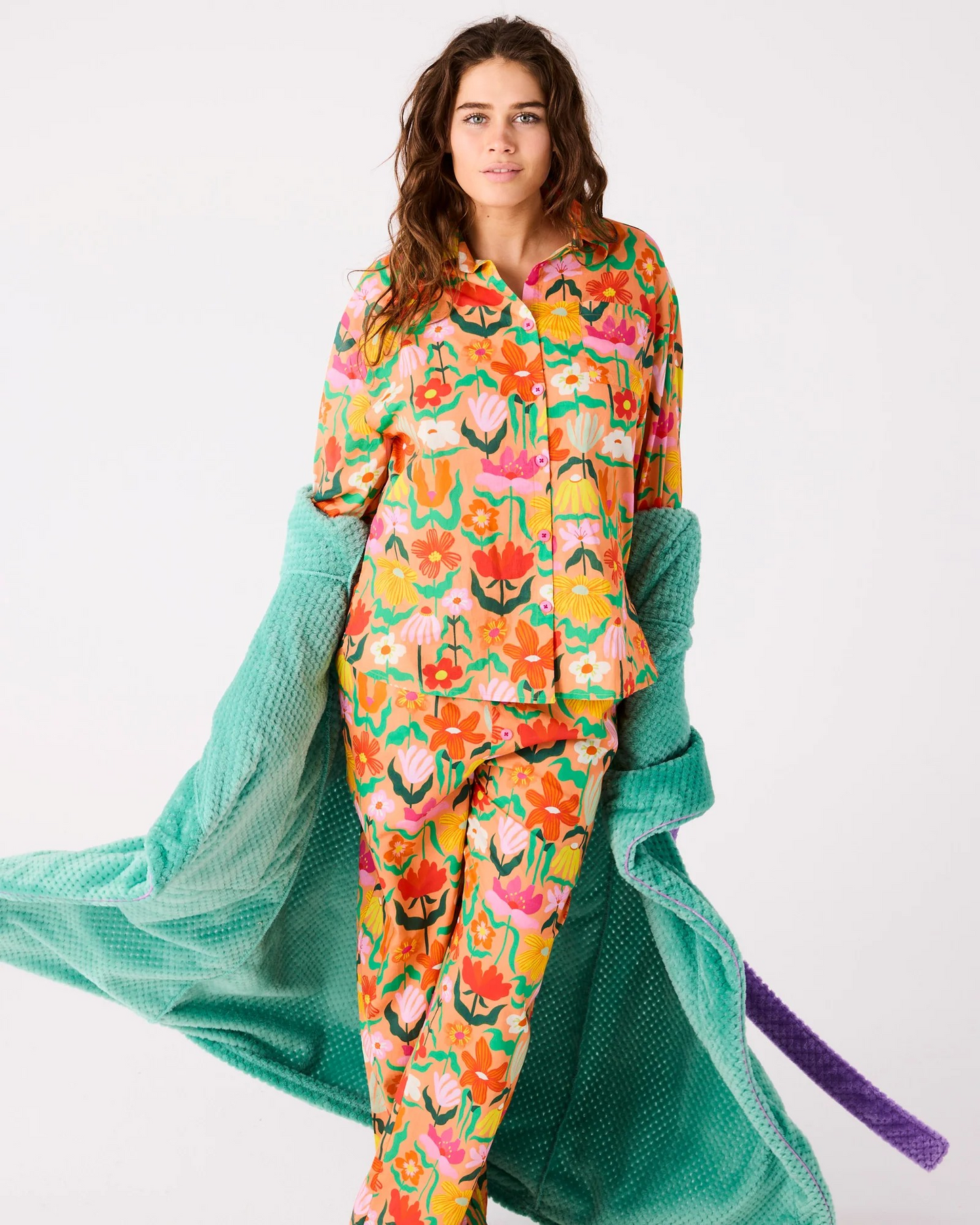 Kip and Co Popping Flowers Peach Long Sleeve Shirt & Pant Pajama Set