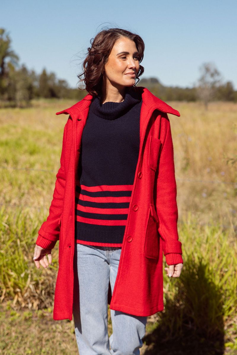 See Saw 100% Merino Wool (Cashfeel) Roll Neck Stripe Sweater Navy Body / Red Stripe