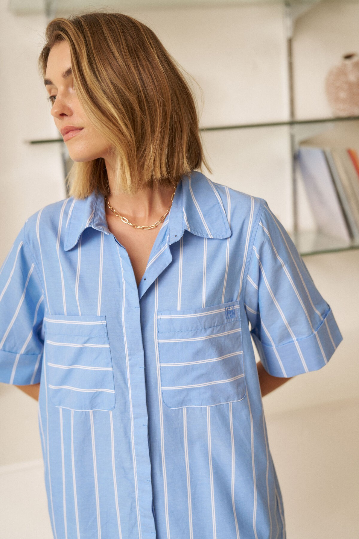 Ceres Life Sara Mini Shirt Dress -Oxford Blue / White Stripe