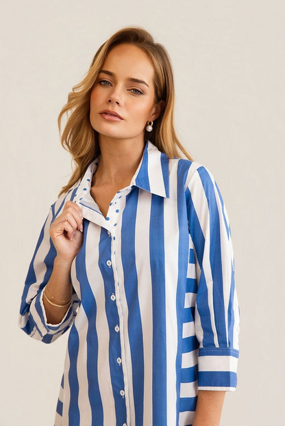 Kaleido 100% Cotton 3/4 Sleeve Classic Shirt - Blue Block Stripe