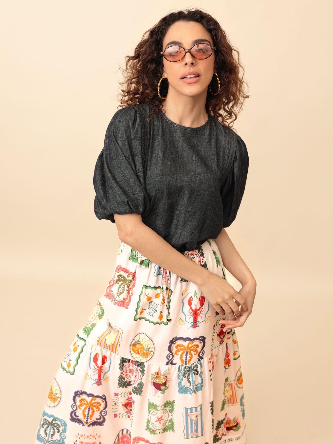 Emily Lovelock Greta Print Skirt - Chalk