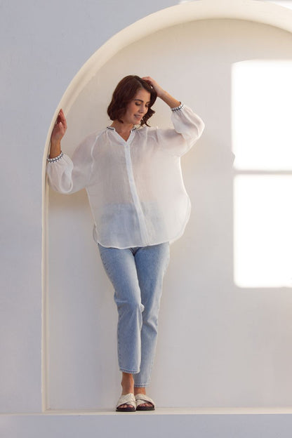 See Saw 100% Rami 3/4 Sl Embroidery Detail Shirt White