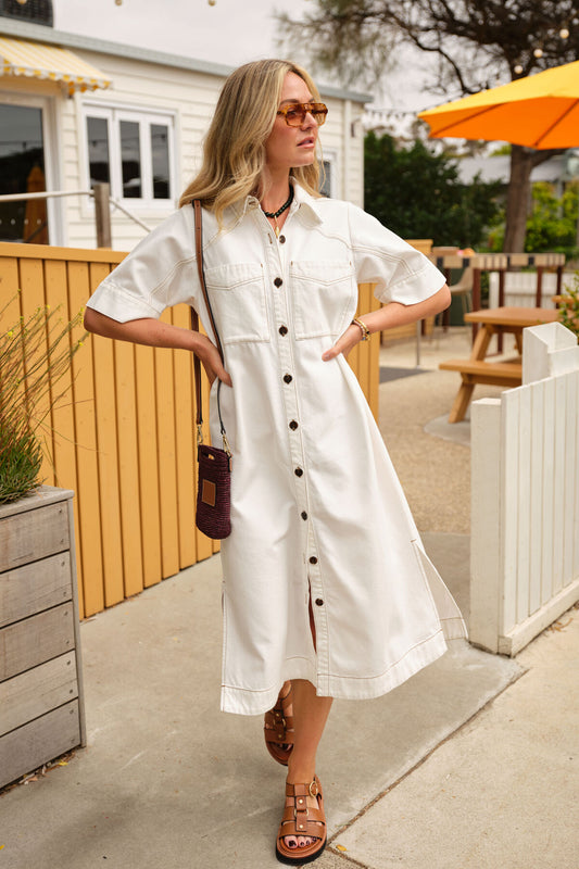 Ceres Life Ava Short Sleeve Midi Dress Fresh Ecru Twill