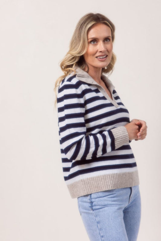 See Saw 100% Merino Wool Rib Collared Stripe Sweater Natural Navy White