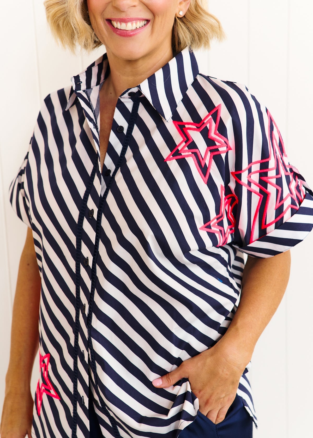 Liv and Milly Rosie Shirt Navy and White Stripe Pink Neon Star
