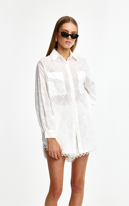 Kinney White Cotton Lace Shirt with Tailored Cuffs and Scalloped Pockets