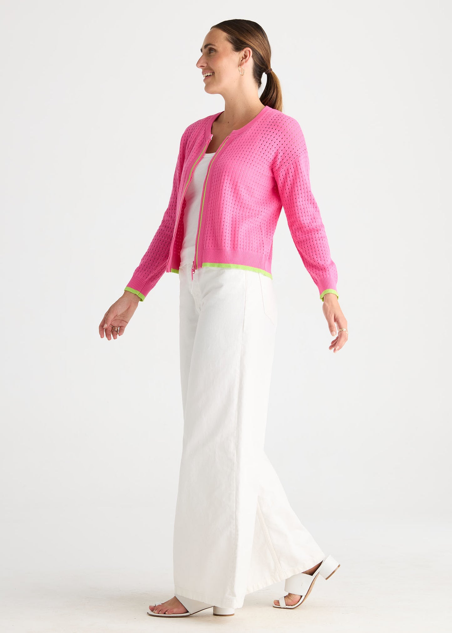 Zaket and Plover Pointelle Zip Cardi - Pop Pink