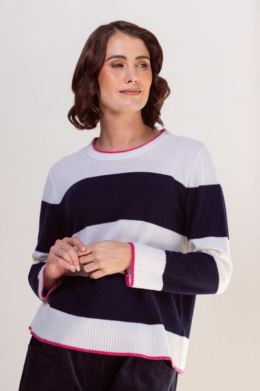 See Saw 100% Merino Wool (Cashfeel) Wide Stripe Sweater Navy/White