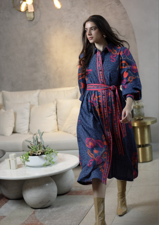Emily Lovelock Melody Print Dress Navy