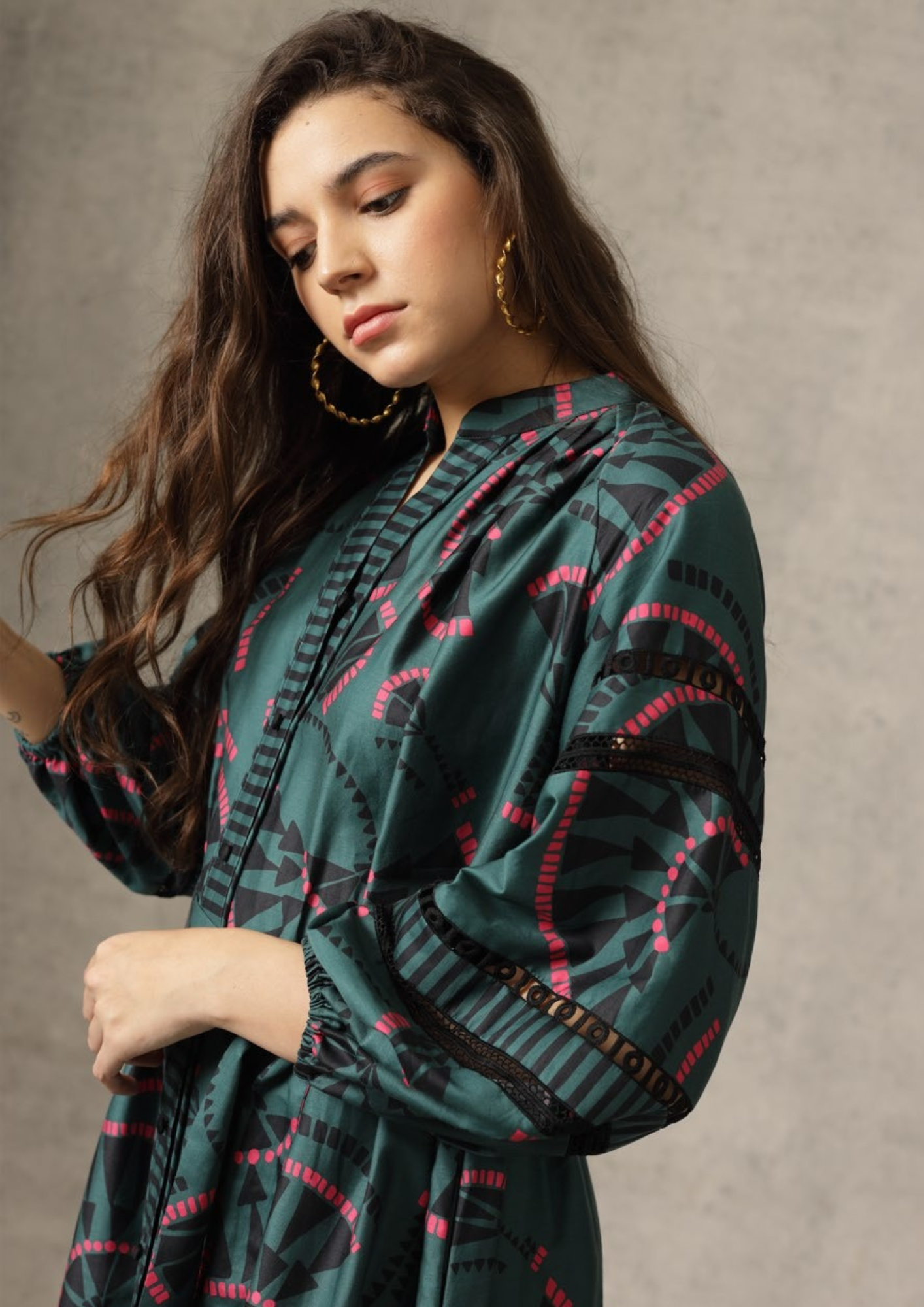 Emily Lovelock Lyla Print Dress Dark Moss