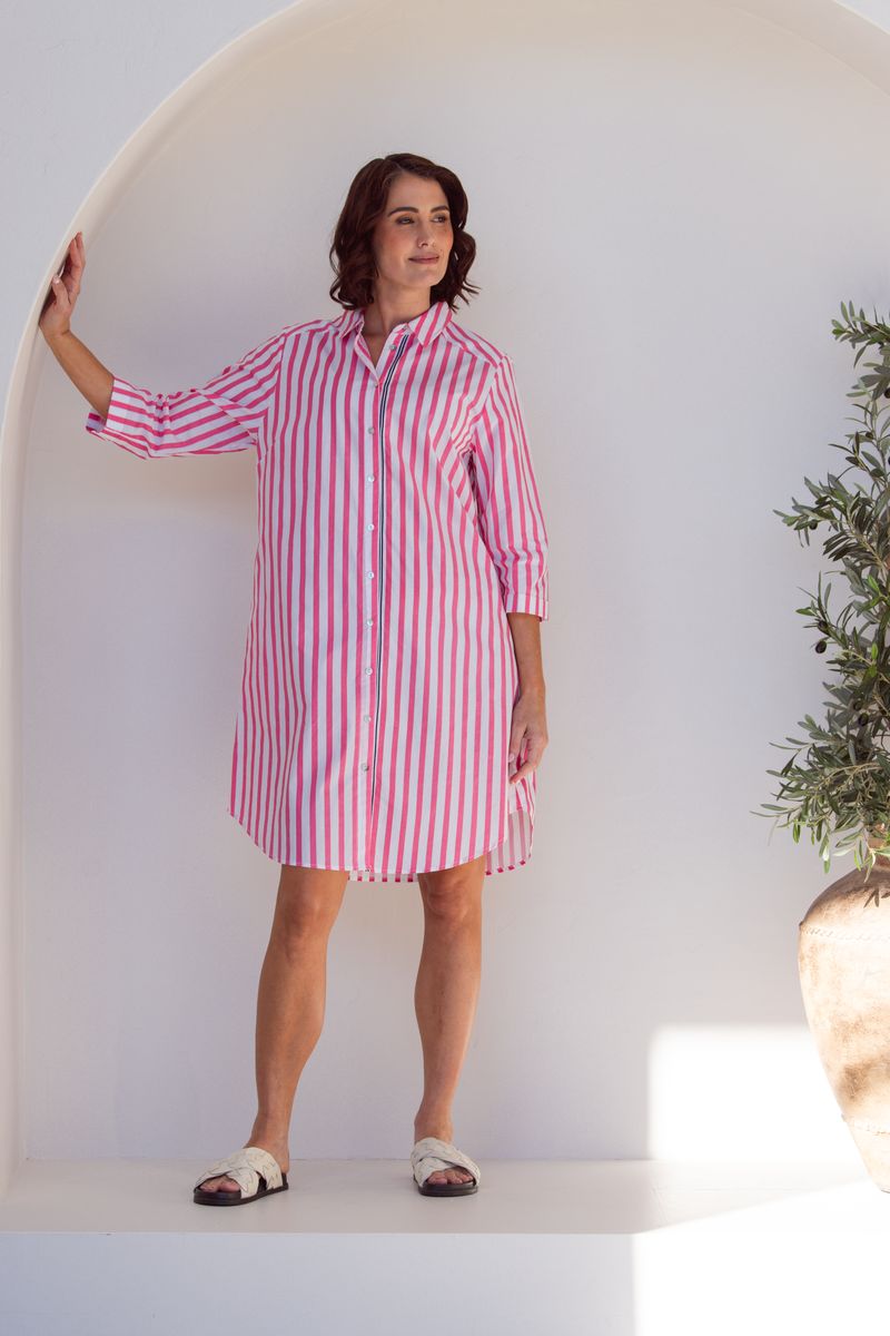 See Saw 100% Cotton Stripe 3/4 Sl Shirtmaker Pink/White