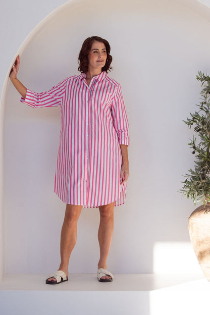 See Saw 100% Cotton Stripe 3/4 Sl Shirtmaker Pink/White