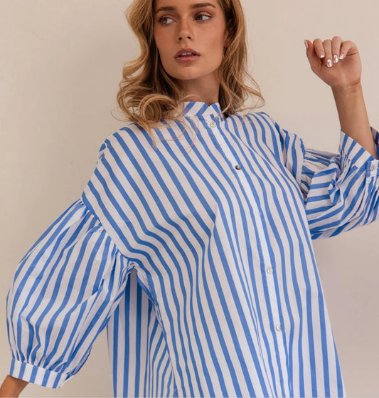 Kaleido 100% Cotton Gathered Sleeve Dress - Blue\White