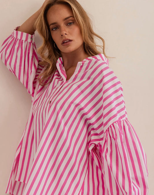 Kaleido 100% Cotton Gathered Sleeve Dress - Pink \White Stripe