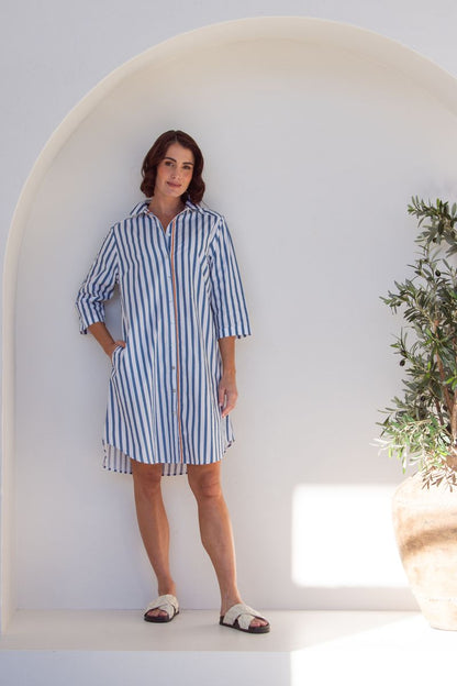 See Saw Stripe Shirtmaker Dress - Denim/White 100% Cotton