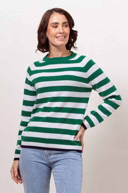 See Saw 100% Merino Wool (Cashfeel) Crew Neck Stripe Sweater Green/White Navy tips