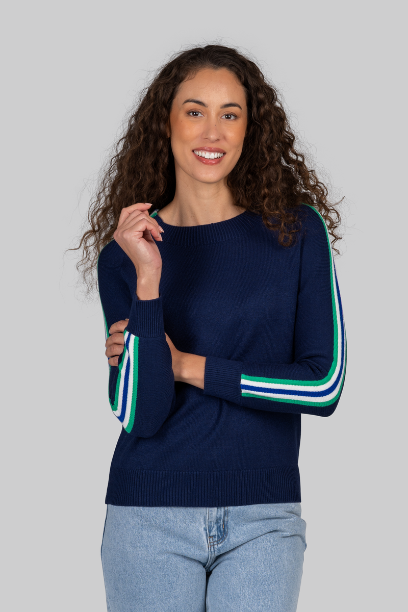 Kaleido Viscose Blend Mock Neck Stripe Arm Sweater Navy / Palm Green Combo