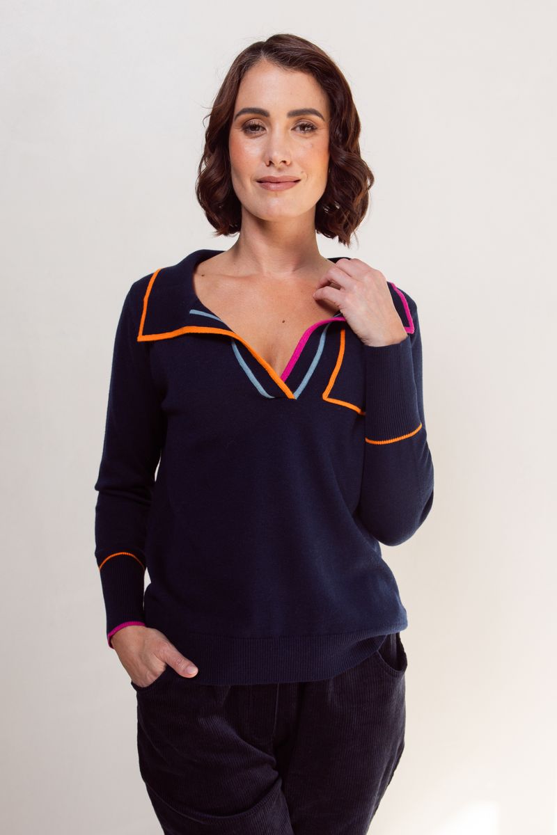 See Saw Wool Blend Collared Trim Sweater Night Sky/ Magenta / Tango