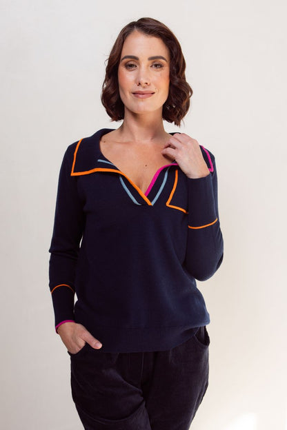 See Saw Wool Blend Collared Trim Sweater Night Sky/ Magenta / Tango