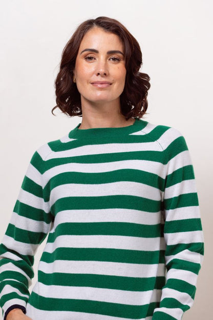 See Saw 100% Merino Wool (Cashfeel) Crew Neck Stripe Sweater Green/White Navy tips