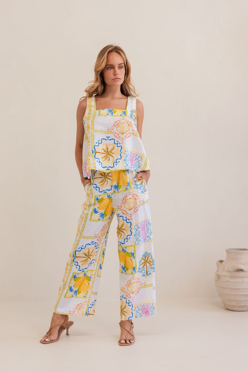 Kaleido 100% Linen Square Neck Tank - Amalfi Dreams