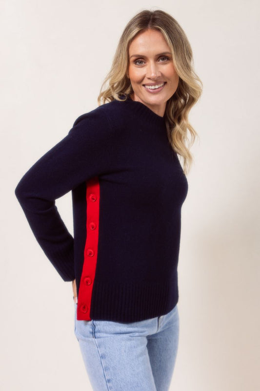 See Saw 100% Merino Wool Contrast Side Button Navy Red