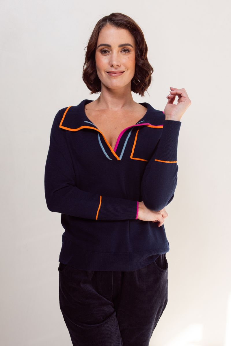 See Saw Wool Blend Collared Trim Sweater Night Sky/ Magenta / Tango
