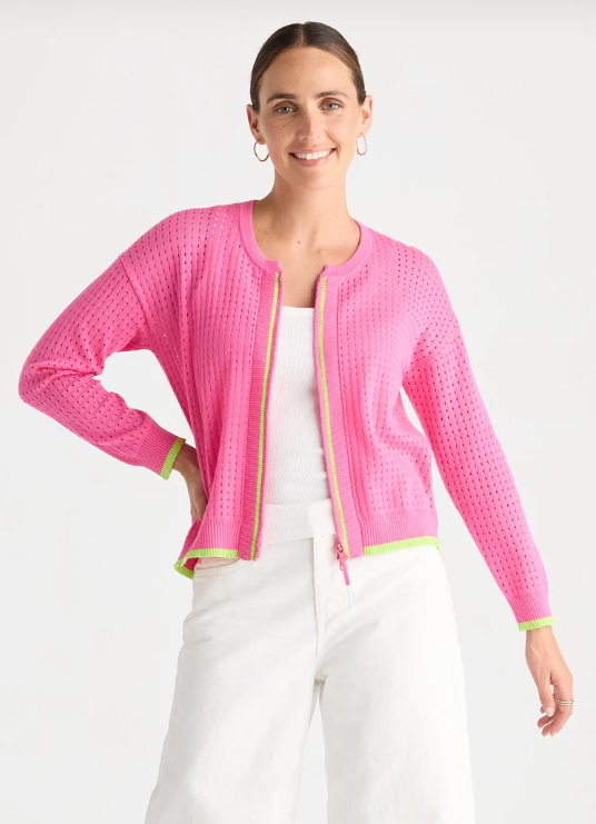 Zaket and Plover Pointelle Zip Cardi - Pop Pink