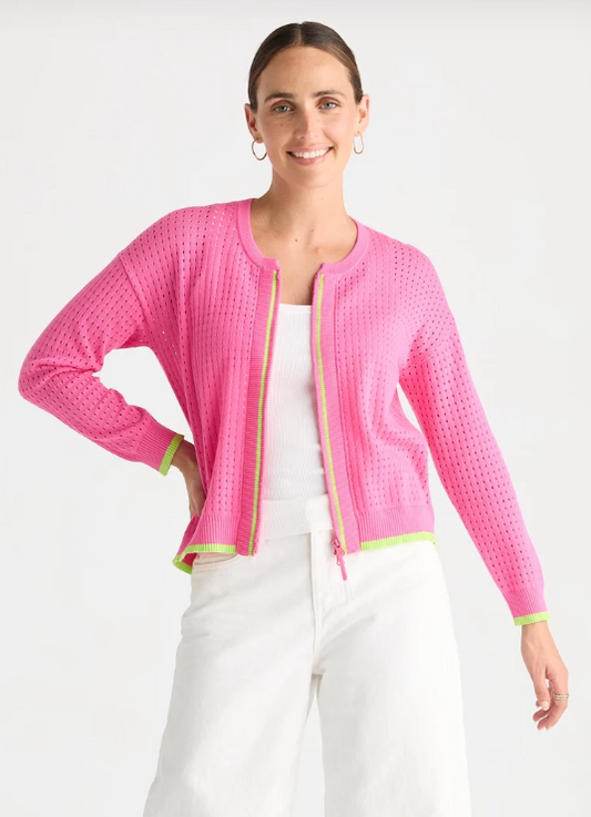 Zaket and Plover Pointelle Zip Cardi - Pop Pink