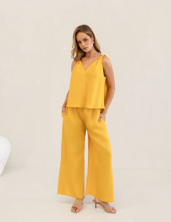 Kaleido 100% Linen Elastic Waist Split Leg Pant - Mango