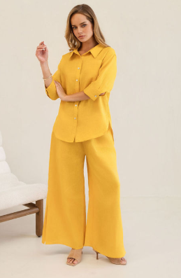 Kaleido 100% Linen Elastic Waist Split Leg Pant - Mango