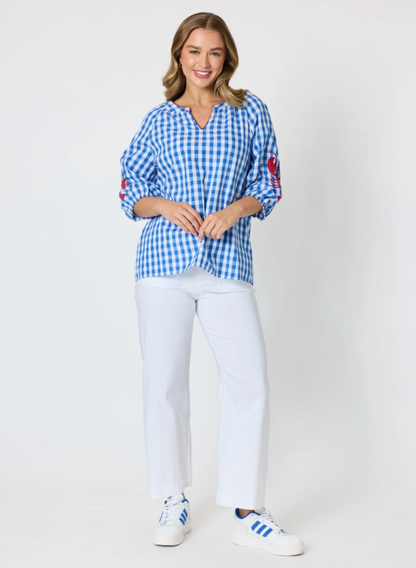 Threadz Cove Embroidered Gingham Print Top - Azure White