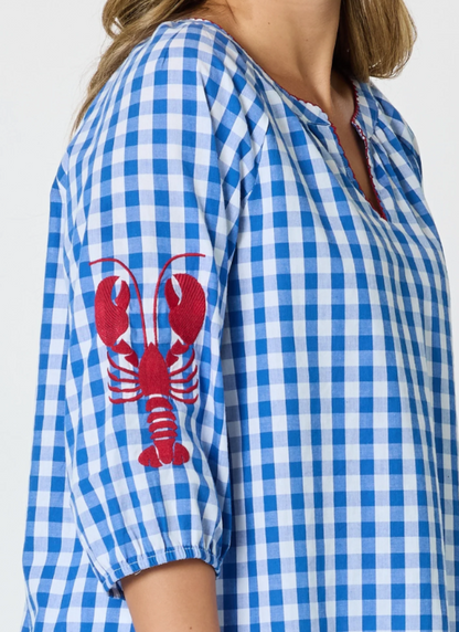 Threadz Cove Embroidered Gingham Print Top - Azure White