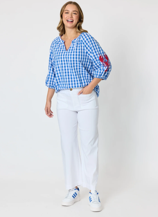 Threadz Cove Embroidered Gingham Print Top - Azure White