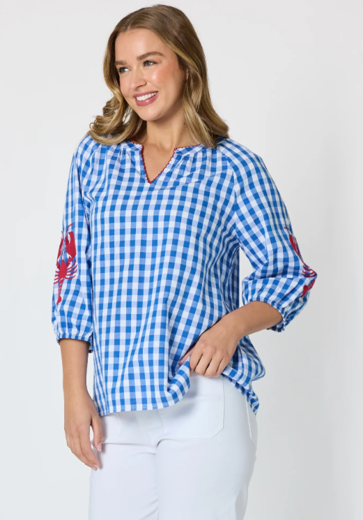 Threadz Cove Embroidered Gingham Print Top - Azure White