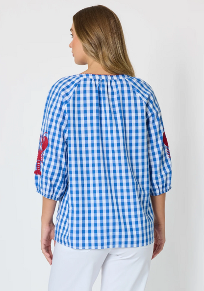 Threadz Cove Embroidered Gingham Print Top - Azure White