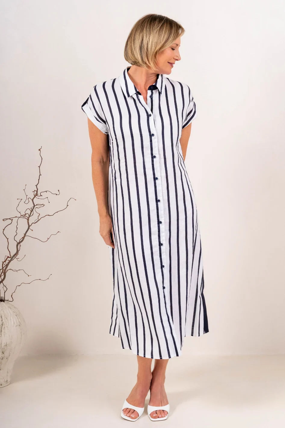 See Saw 100% Linen Collared Button Thru Dress - Navy/White Stripe