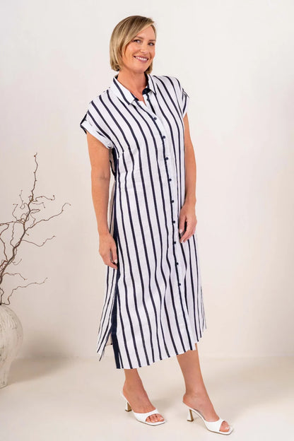 See Saw 100% Linen Collared Button Thru Dress - Navy/White Stripe
