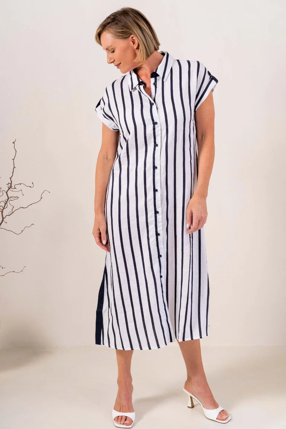 See Saw 100% Linen Collared Button Thru Dress - Navy/White Stripe