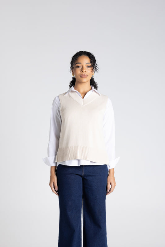 Two T's V-Neck Cotton Vest - Oat