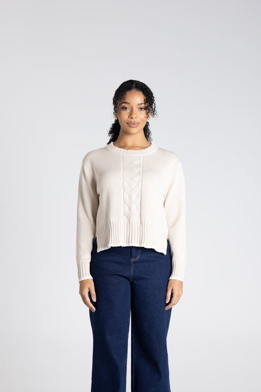 Two T's Cable Knit with Tipping - Oat/White