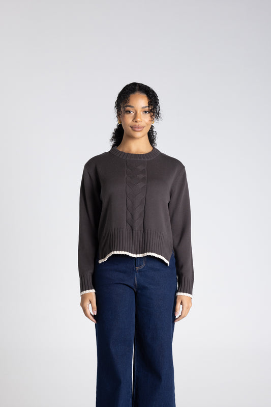 Two T's Cable Knit with Tipping - Slate/Oat