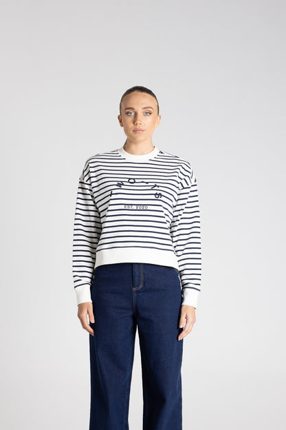 Two T's Stripe Sweat W/ Embroided Logo - Ink White